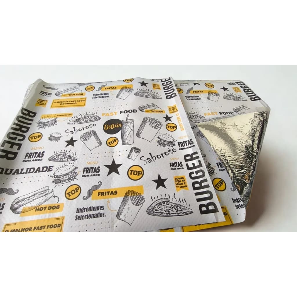 Papel Acoplado Térmico 38x38cm Laminado Para Lanches Hambúrguer Kit 250 Unidades Conserva Calor Anti Gordura Hamburguer