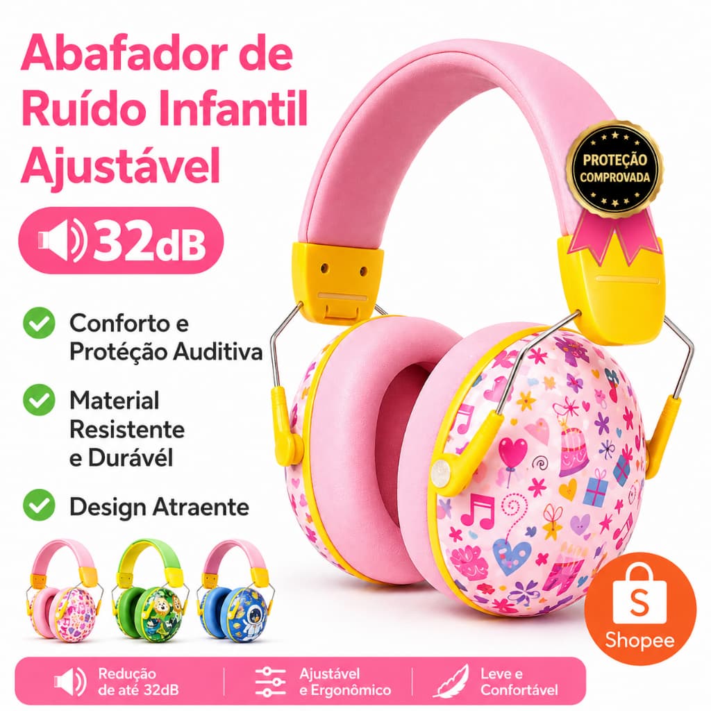 Abafador de Ruído Infantil 32dB Ajustável Protetor Auricular Criança Confortável e Seguro
