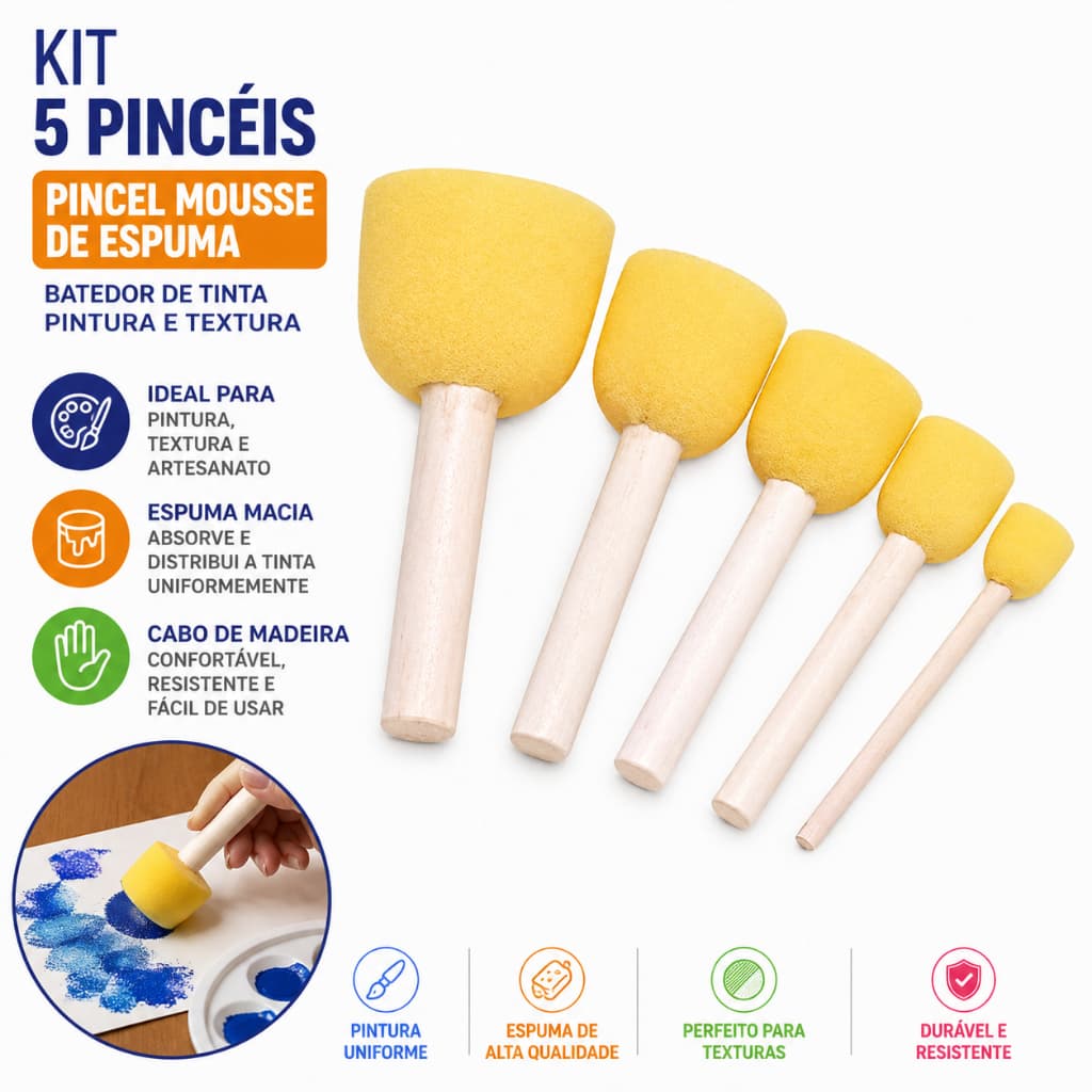 Kit 5 Pincéis Pincel Mousse de Espuma Batedor Tinta Pintura Textura Yins Paper