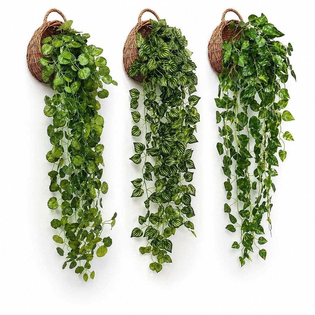 Vaso Trançado Decorativo Com 2 Plantas Verdes Penduradas Artificial