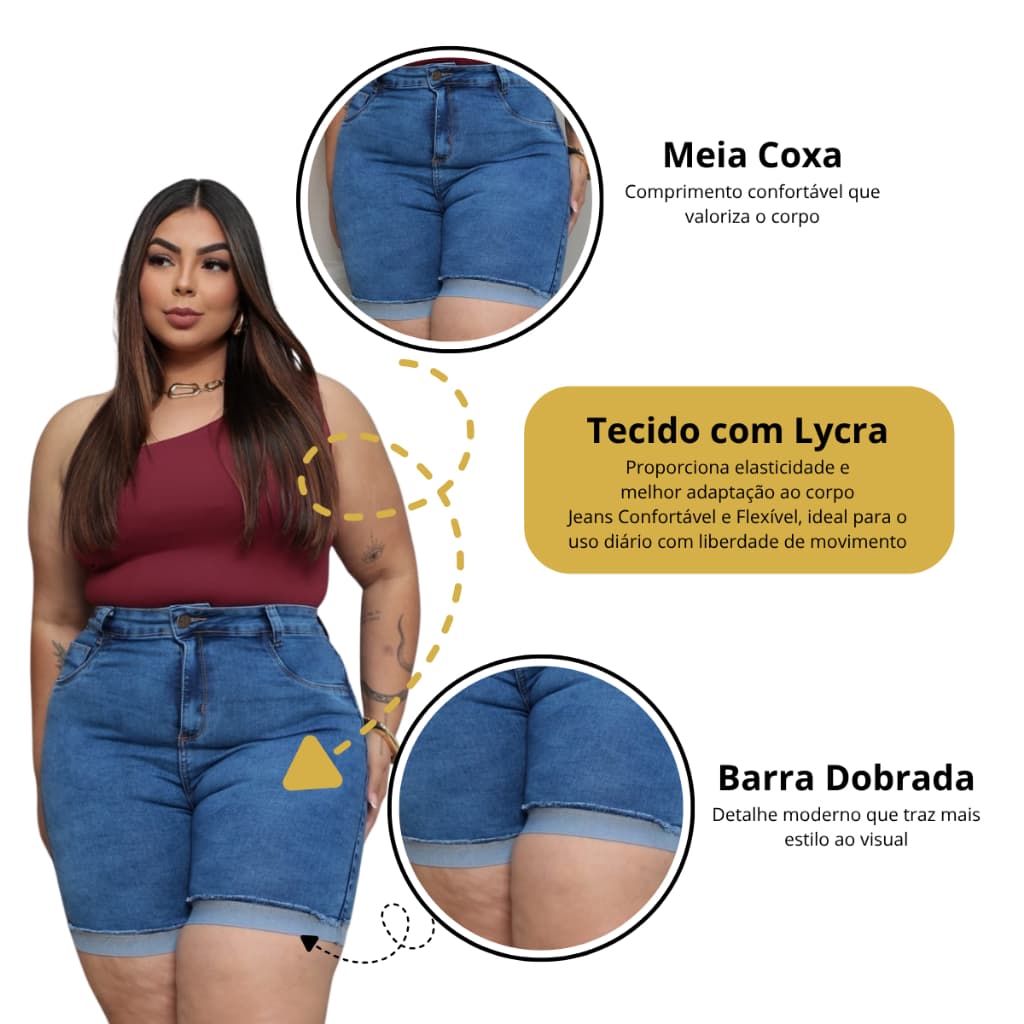 Bermuda Jeans Plus Size Meia Coxa Lycra Cintura Alta Barra Virada Veste Bem Oferta 46-54 Azul Aço