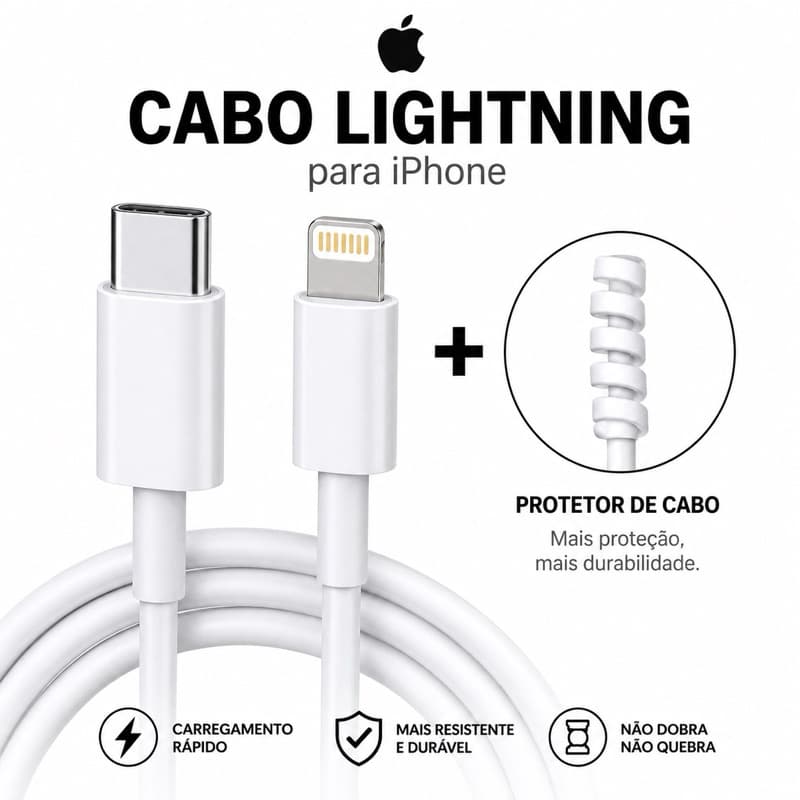 Cabo iPhone Lightning USB-C Rápido + Protetor Anti Quebra Resistente