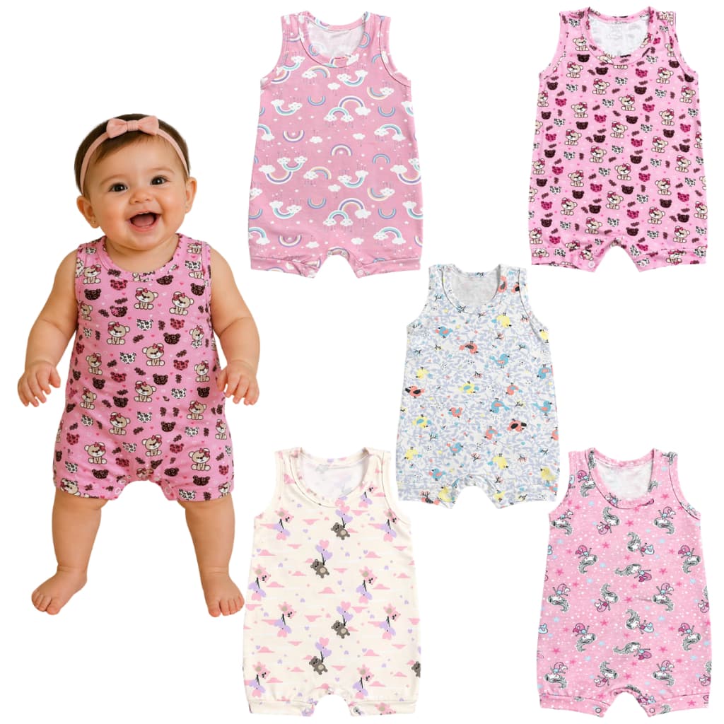 Macacão Bebê Curto Menina e Menino Bebê Regata 100% Algodão Estampado Banho De Sol Top