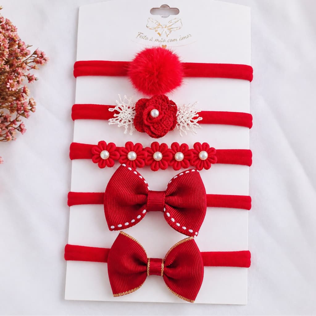 Kit  5 Tiaras na faixa de meia  com flores /vermelho natal  /maternidade/ flor/lacinho /laço