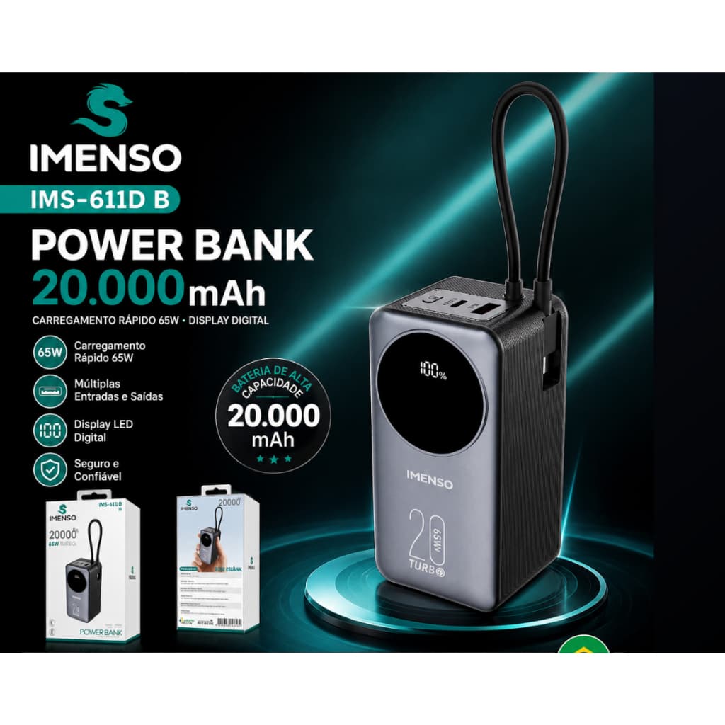 Carregador Portátil Power bank Slim Ultra Rápido 65w 20000mah Imenso IMS-611D
