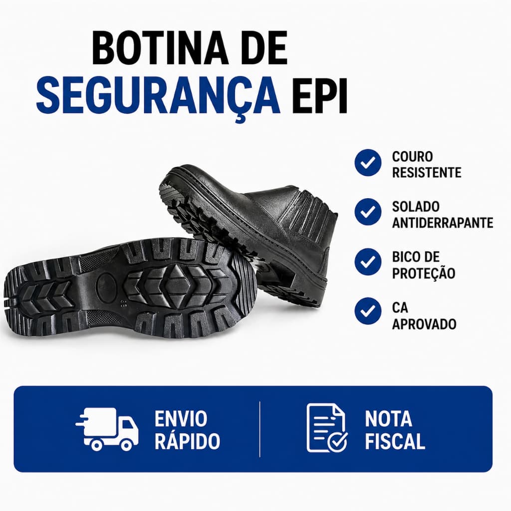 Botina EPI Segurança Couro Elástico Solado PU Antiderrapante CA Trabalho Resistente