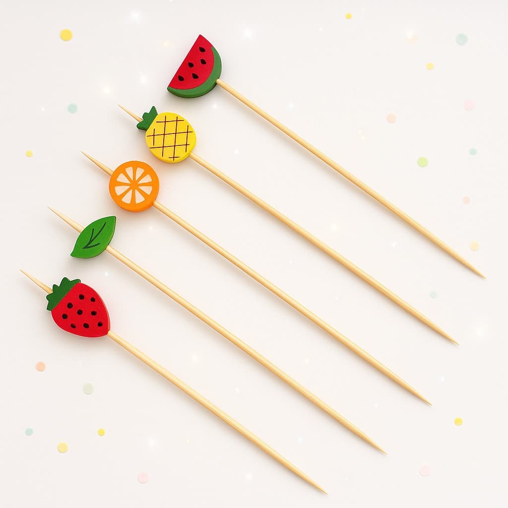 Palito com Detalhe de Frutas em Bambu Para Petiscos | 20, 40 e 60 Unidades | Ideal para Petiscos