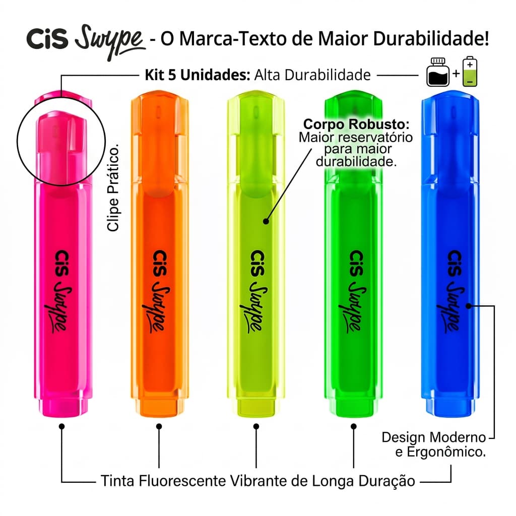 Marca Texto Cis Swype Kit 5 Cores Neon Escrita Macia Ideal para Lettering Estudantes e Escritório