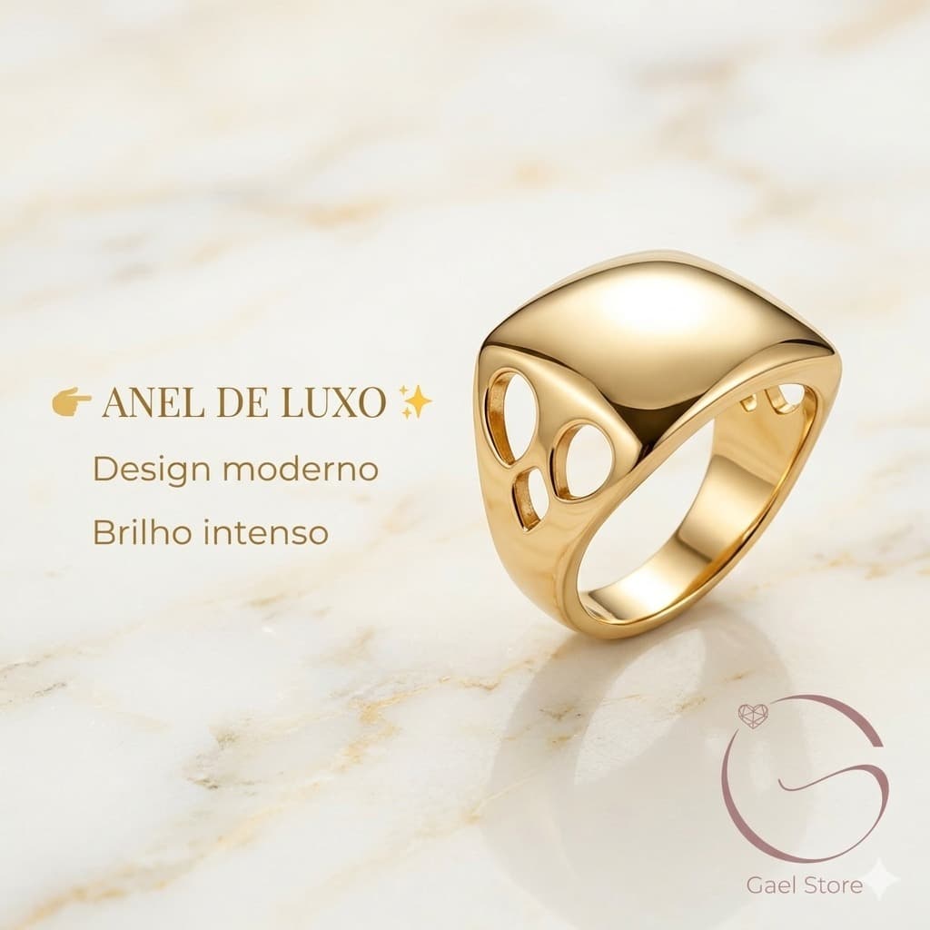 Anel Feminino Dourado Grande Elegante – Design Moderno Luxo Banho de Ouro 10 Milésimos