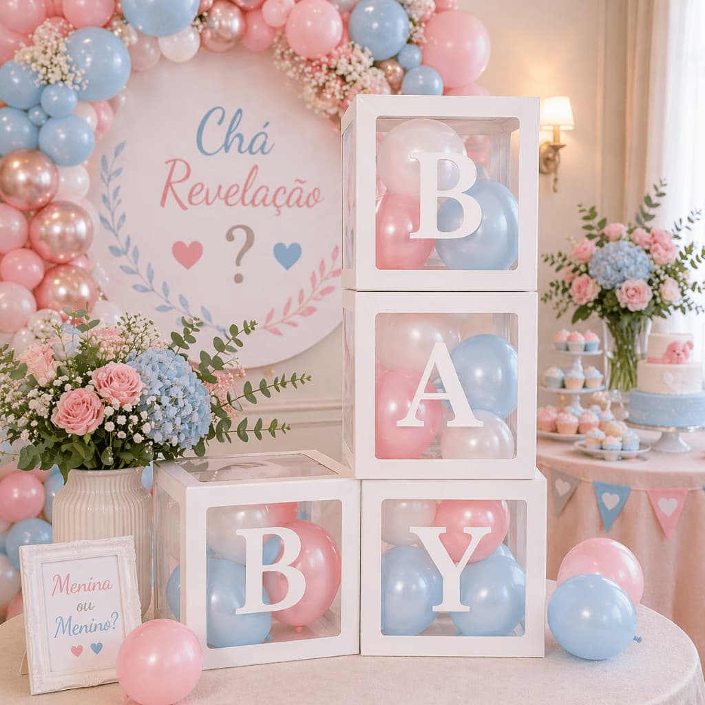 Kit 4 Cubos Baby  Chá Bebê Revelação Decoração Festa Transparente Desmontável com Letras Chá Revelação Decoração Festa