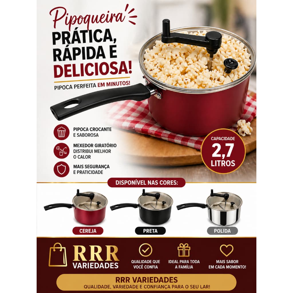 Panela Pipoqueira Antiaderente 2,7  com Tampa De Vidro 3 Opções de Cores