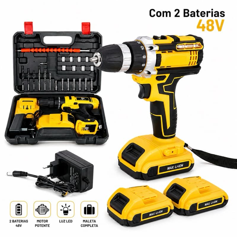 Parafusadeira Furadeira 48V Sem Fio 2 Baterias Kit Completo Profissional + Maleta