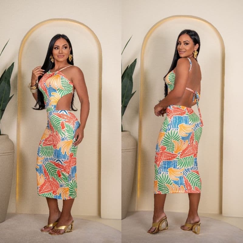 Vestido decote nas costas verão tropical suplex premium midi com fenda moda feminina estampado