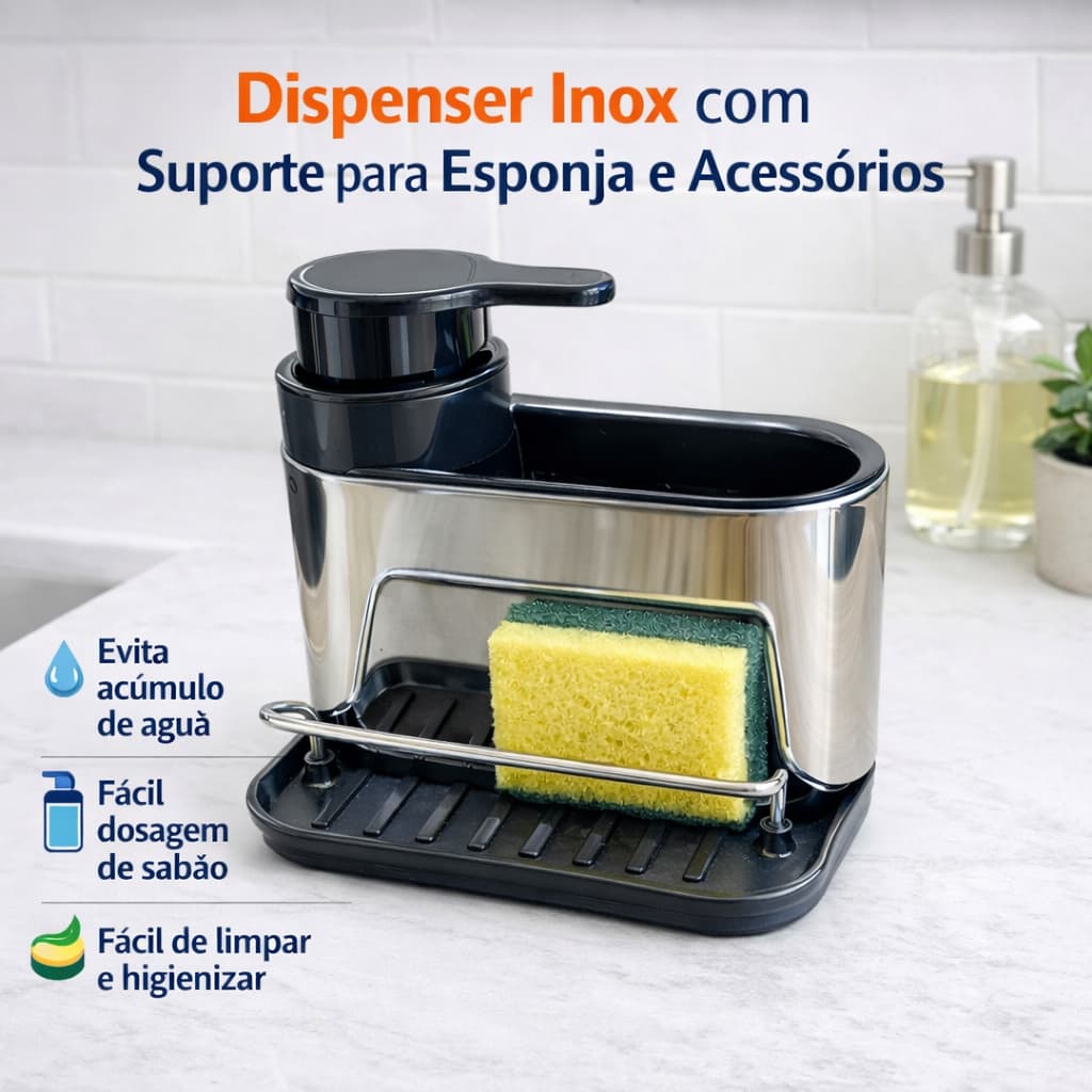 Dispenser de Detergente Inox com Suporte para Esponja e Acessórios de Cozinha