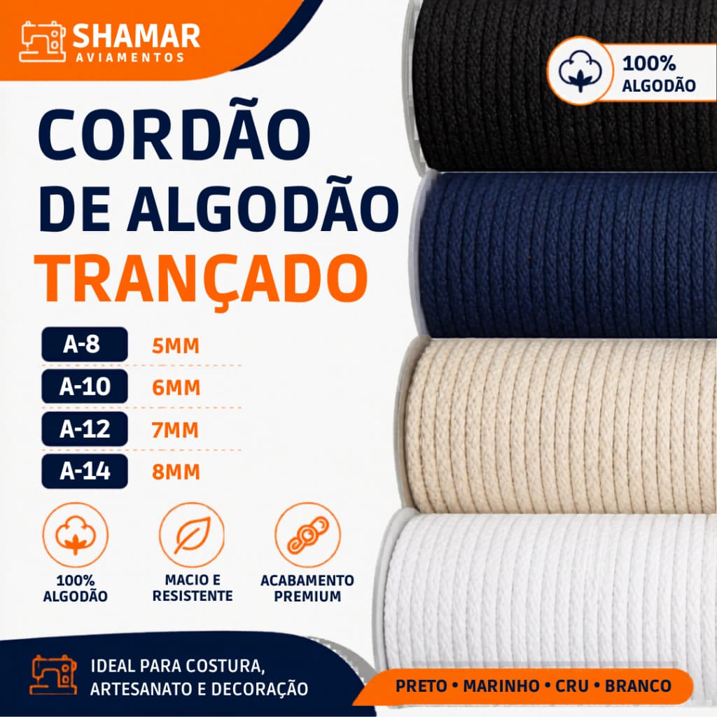 Cordão de Algodão para Moletom  Capuz  Shorts e Bermudas – Cordão Roliço para Roupa - Várias Espessuras