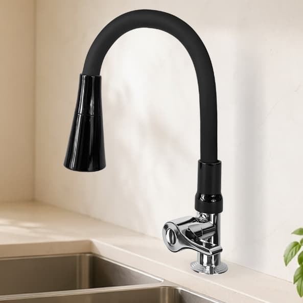 Torneira de água fria: cores preta e prata, instalação parede ou bancada, material resistente