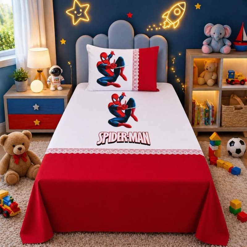 Lençol Infantil Homem-Aranha Solteiro + Fronha | Jogo de Cama Personagem Kids Vermelho Branco Poliéster Macio