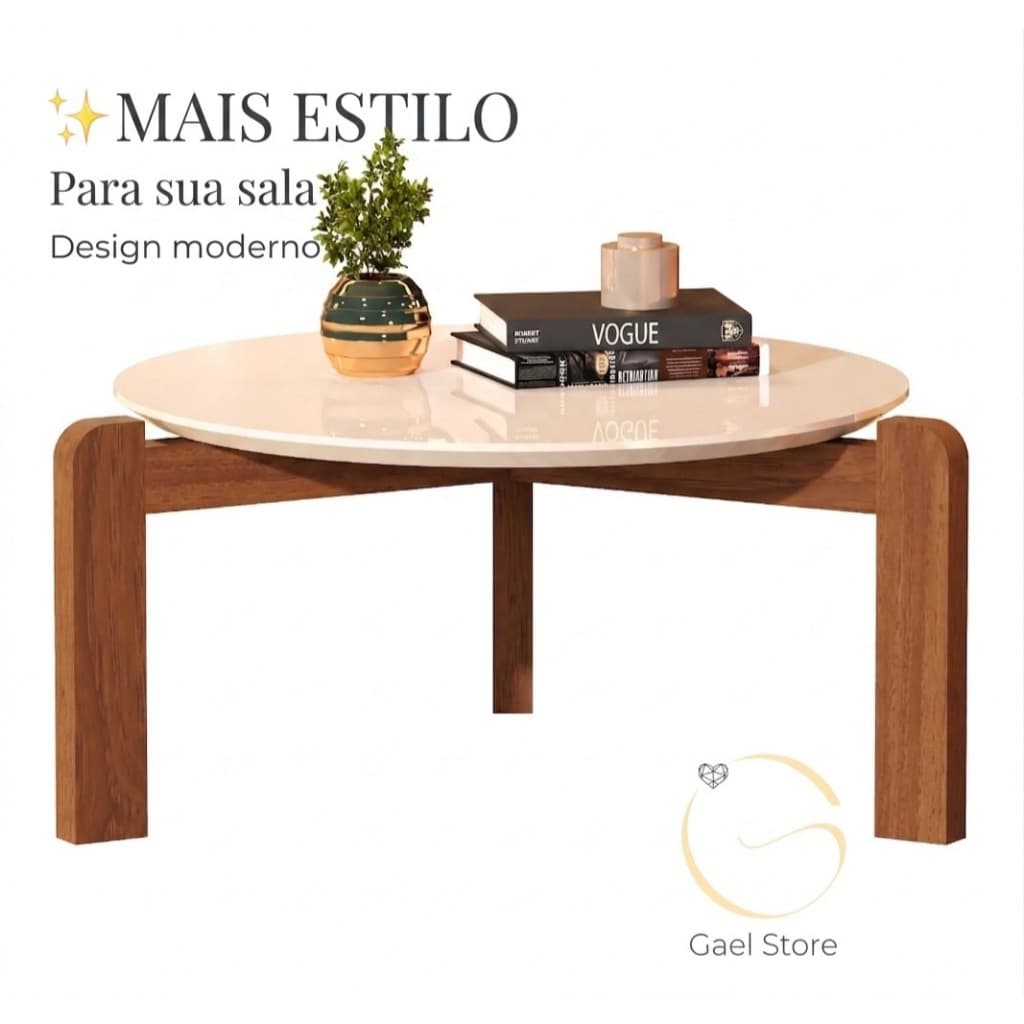 Mesa de Centro Redonda Áustria 70cm – Moderna Off White/Branco/Canela com Pés em Madeira Sala Decorativa