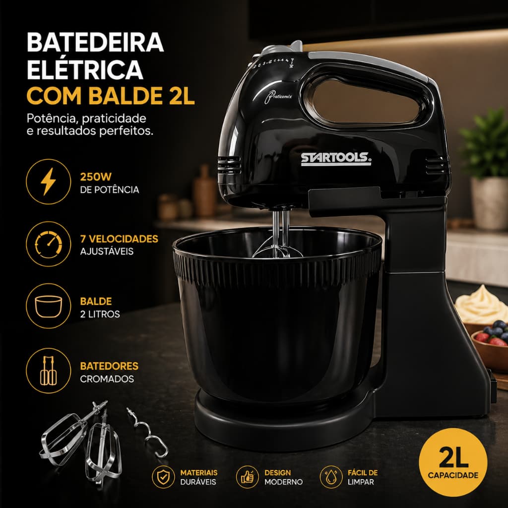 Batedeira Elétrica 127V com Balde 2L - Preta- 7 velocidades