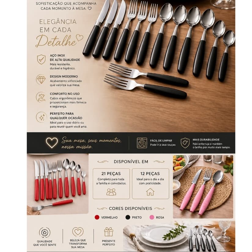 Conjunto/Kit de Talheres 12/21 Pçs Fratelli Aço Inox e Plástico p/ Cozinha com faca garfo colher