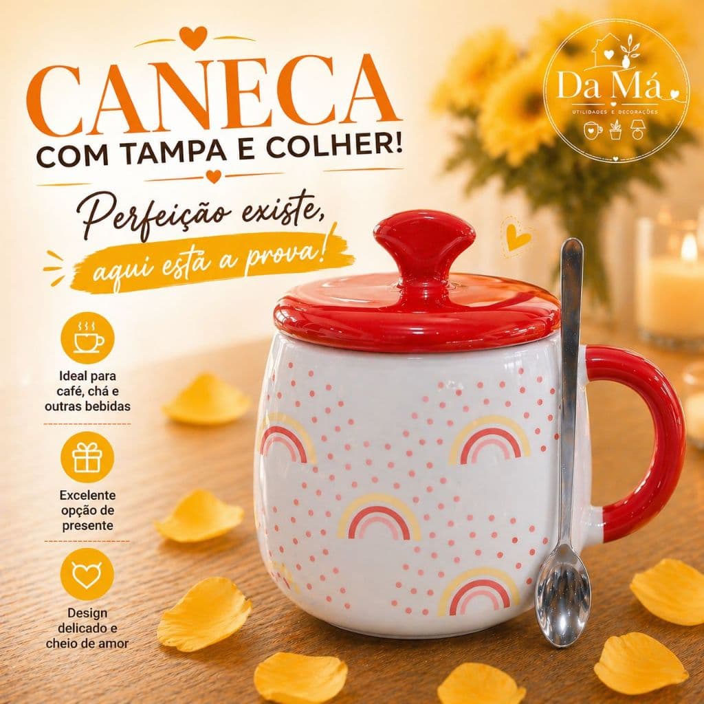Xícara Caneca Porcelana Cerâmica 420ml Tampa Colher Arco Iris Presente Cozinha Fofa Microondas Café
