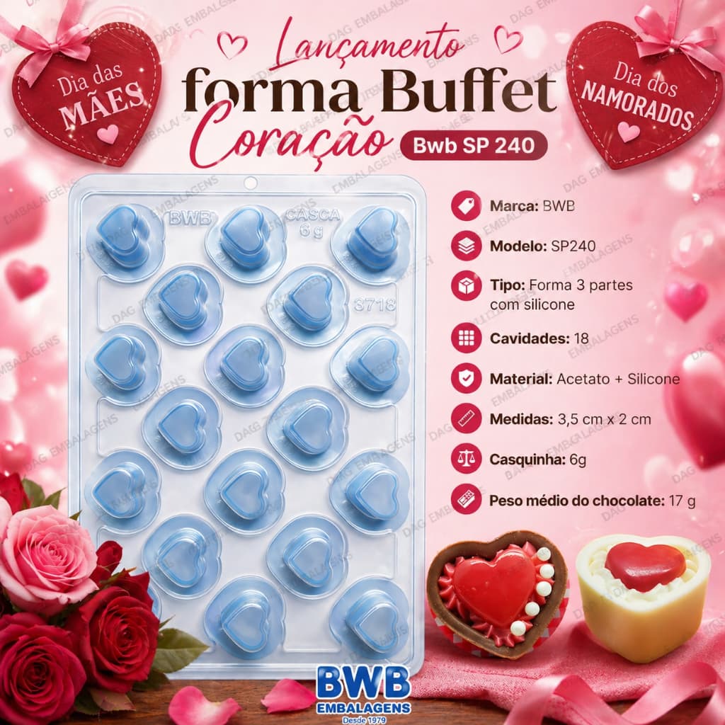Lançamento Forma Buffet Coração BWB SP240 | 3 Partes com Silicone | 18 Cavidades | Chocolate Gourmet - Dia das Mães