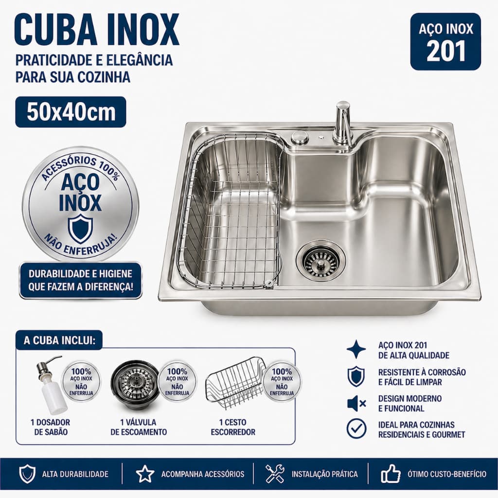 Cuba para cozinha gourmet pia aço inox 50x40