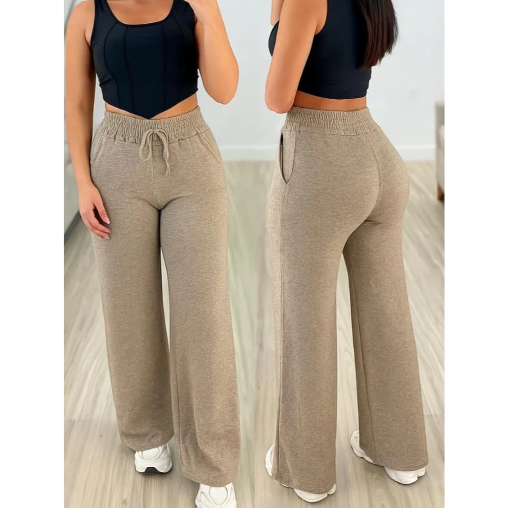 Calça Pantalona  Feminina  Plus Size Com  Elástico e Bolso Confortável /Outono-Inverno /M até G3