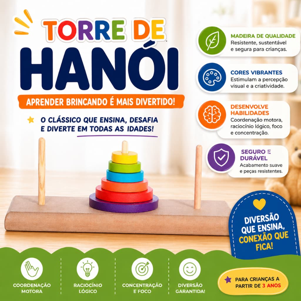 Torre de Hanoi Madeira Jogo Educativo Lógico Raciocínio Pedagógico Brinquedo Autismo TEA