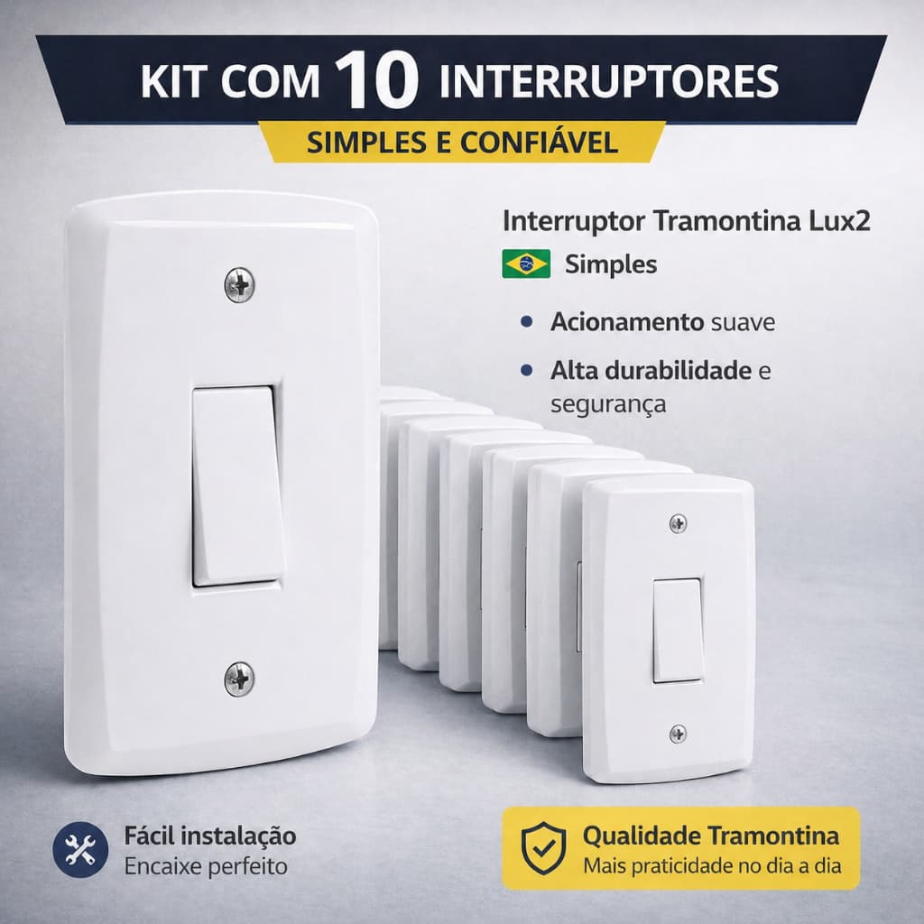 Kit 10 Interruptor De Parede Tramontina Lux2 Simples 4x2 Interruptor Branco Luxo Original 4x2