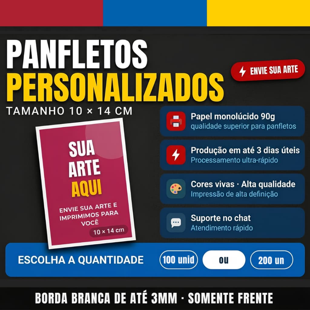 Panfletos Personalizados 10x14 100 ou 200un Flyer Folheto Colorido Frente Papel Monolúcido 90g
