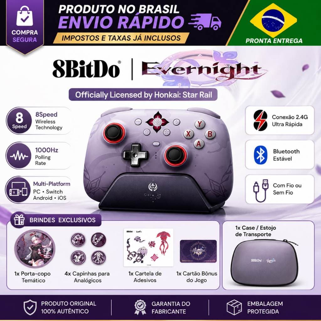 CONTROLE 8BITDO ULTIMATE 2 EVERNIGHT, EDIÇÃO ESPECIAL COM DOCK DE CARREGAMENTO 1000 Hz, HALL EFFECT, RGB, PC