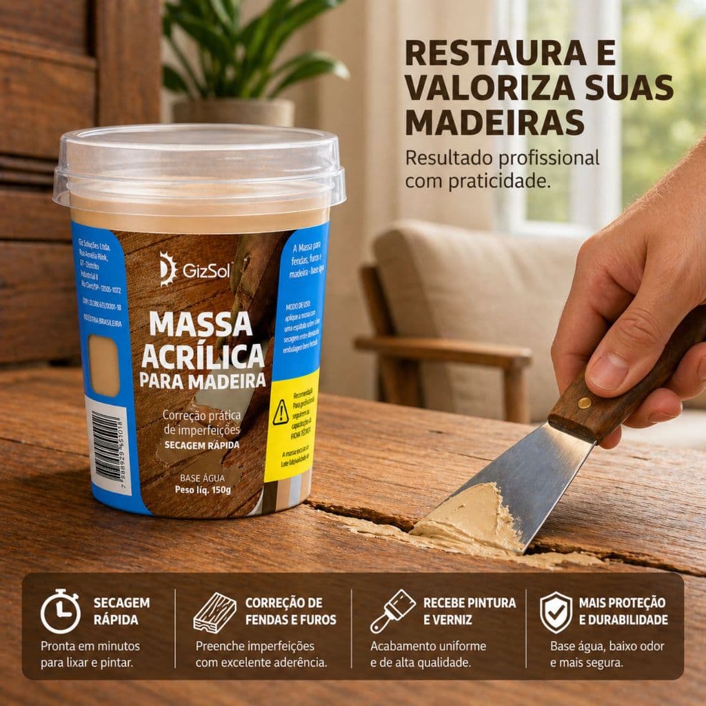 Massa Acrílica Para Madeira GizSol 150g Calafetar Reparo Madeira Secagem Rápida Base Água
