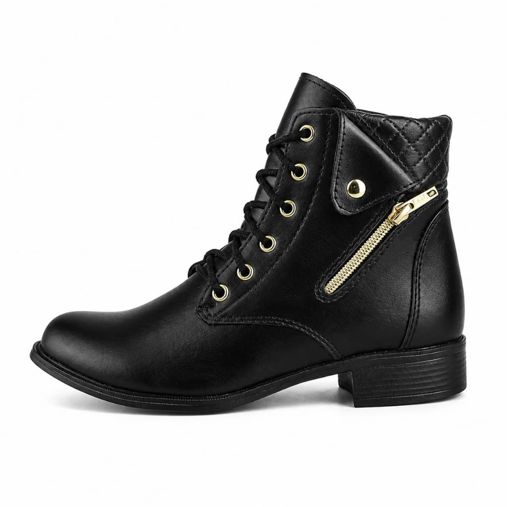 Bota Coturno Feminina Cano Curto com Zíper Lateral e Cadarço Casual Confortável