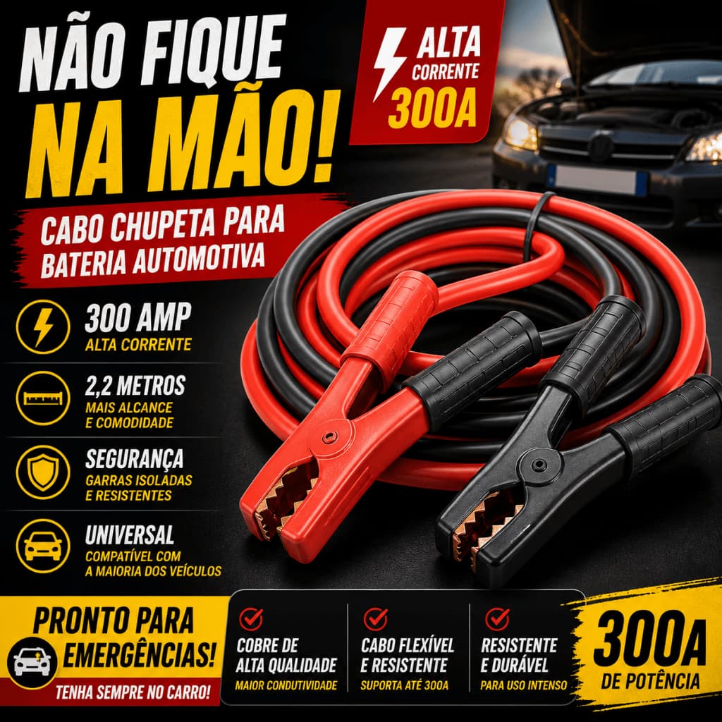 Cabo Chupeta 300A Para Bateria Automotiva 2,2m Alta Corrente Reforçado Emergência Veicular