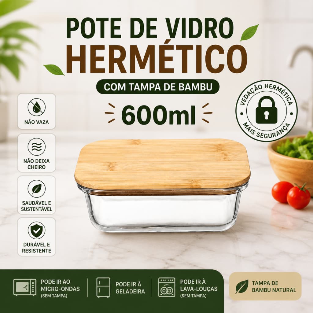 Pote de Vidro Hermético 600ml com Tampa de Bambu Porta Mantimentos Não Vaza Organização Cozinha