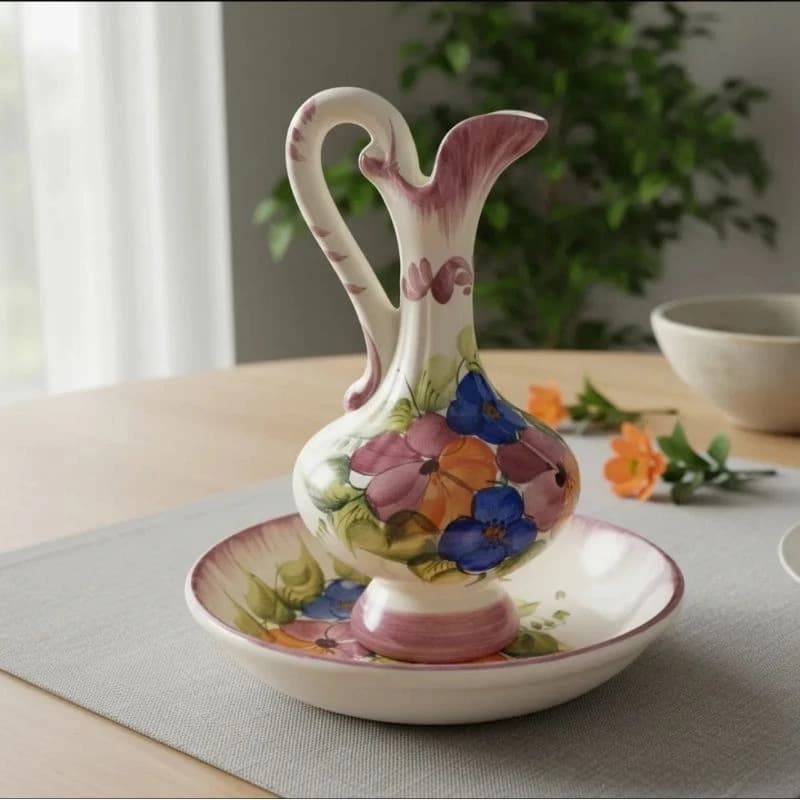 Jarra Ânfora Gomil Artesanal em Cerâmica com Pintura à Mão Floral – Peça Decorativa Exclusiva Feita em Porto Ferreira