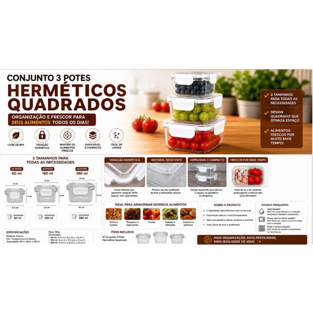 ✨Promoção Conjunto Kit 3 Potes Herméticos Quadrados 🫙 Organizador de Cozinha c/ Tampa Vedação Transparente 💧🥣