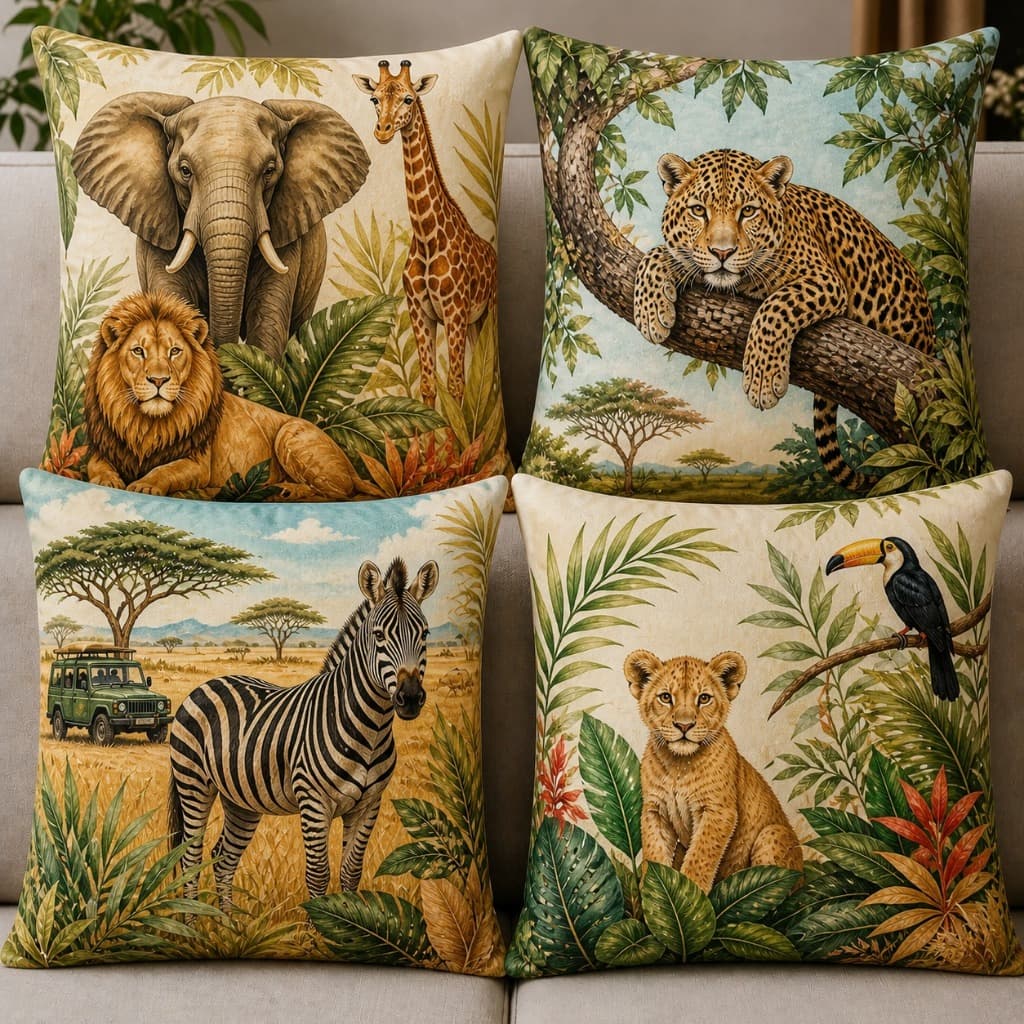 Kit 4 capas de almofadas personagens SAFARI decorativo personagens animais