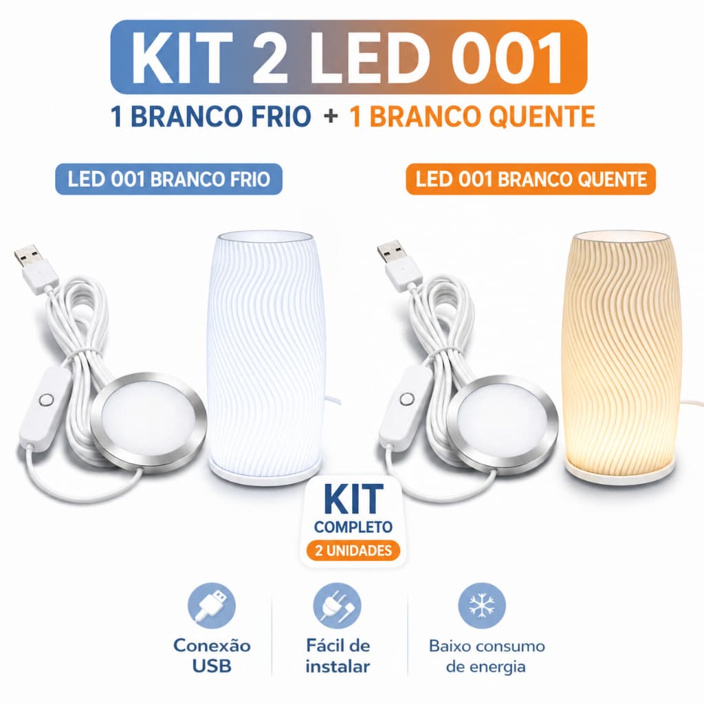 Kit 2x LED 001 Branco Frio + Quente USB 5V para Impressora 3D Bambu Lab Projeto DIY