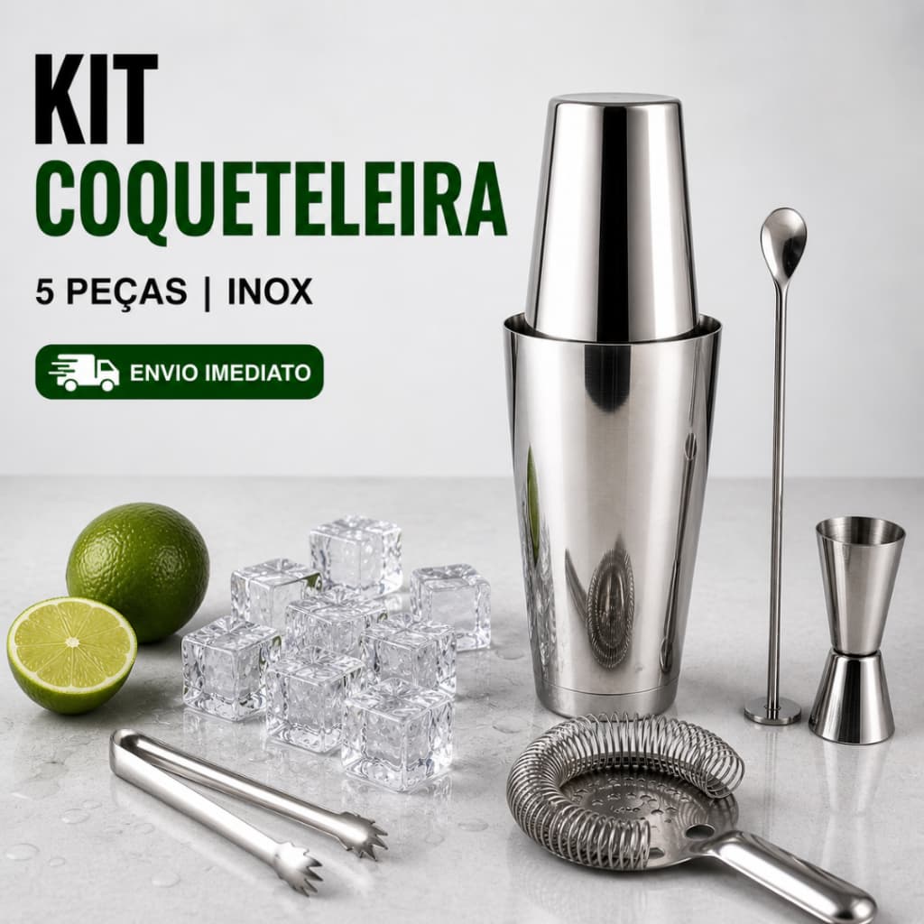 Kit Coqueteleira Caipirinha 820 ML  5 Peças Inox para Preparar Drinks, Ideal para Bartenders,Uso em Casa, Festas e Bar.
