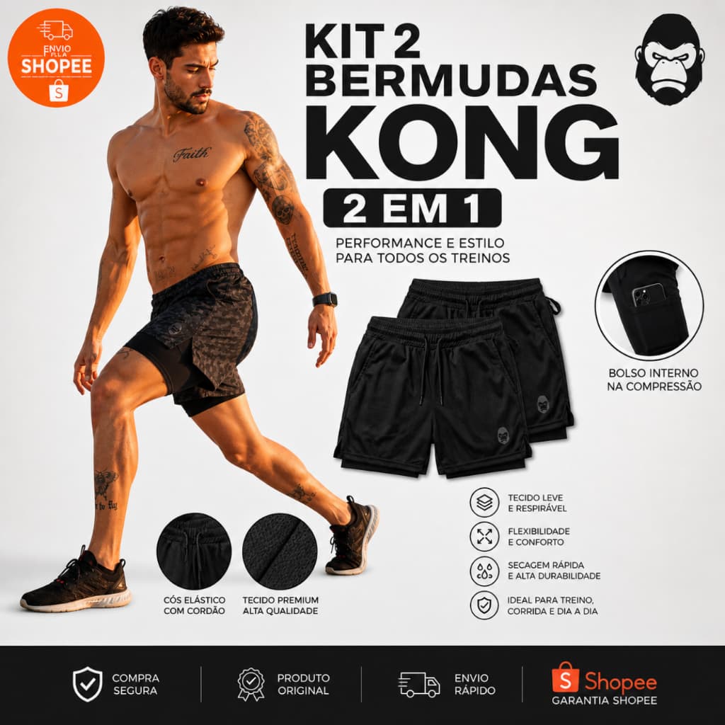 Kit 2 Shorts Kong 2 em 1 com Forro de Compressão para Academia