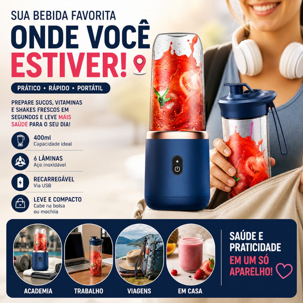 Mini Processador Liquidificador Espremedor Elétrico Misturador Leite e Suco Portátil 400ml 6 Lâminas