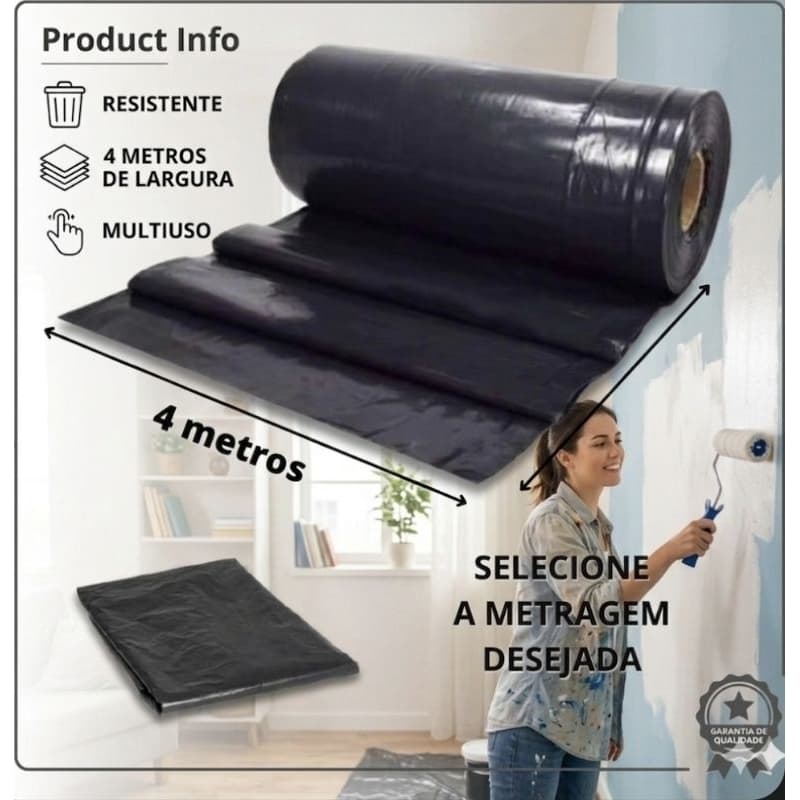 Lona Plástica Preta Para Proteção De Piso (FINA) Pintura, Obra, Embalagem 4 metros de largura.
