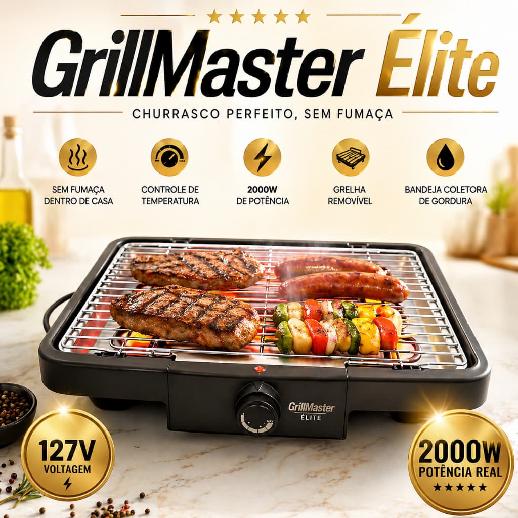 Churrasqueira Elétrica Grill Antiaderente com Grelha Removível Prática Sem Fumaça Cozinha Portátil