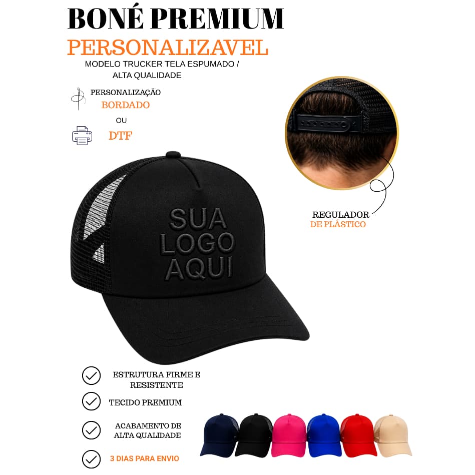 BONÉ TRUCKER ESPUMADO PERSONALIZADO BORDADO OU DTF