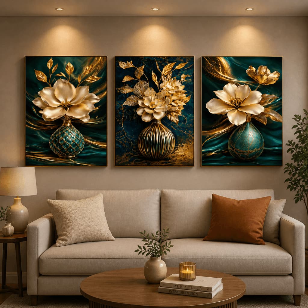 Kit 3 Quadros Decorativos Flores Douradas Vaso Verde Luxo Sala MDF