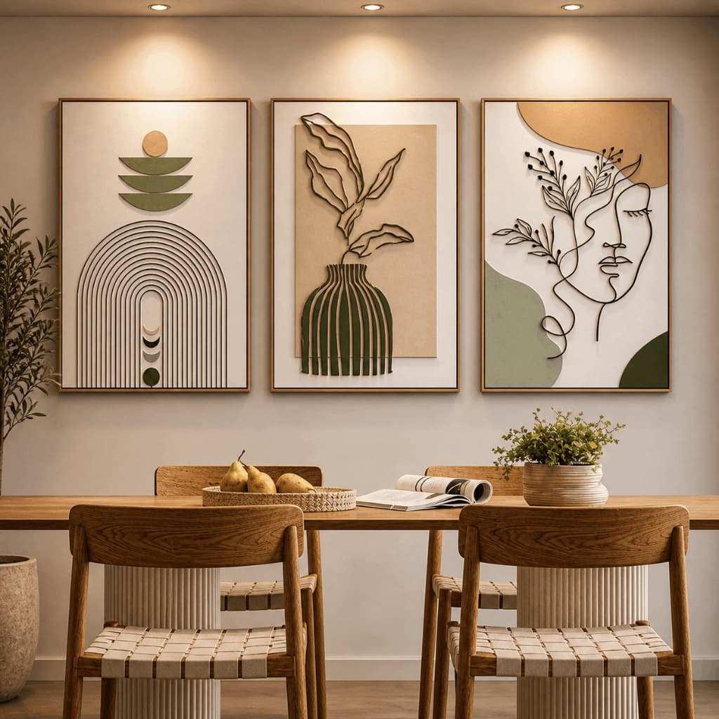 Kit 3 Quadros Decorativos Minimalista Rosto Abstrato Verde Bege Sala Quarto MDF