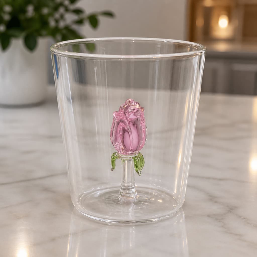 Copo Rosa Flor 3D Vidro Borossilicato 350ml Copo Duplo Térmico Decorativo Luxo Presente Criativo Elegante Cozinha Café