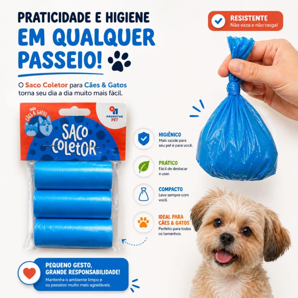 Saco Coletor Pet Cata Caca Para Cachorro e Gato Refil Higiênico Resistente